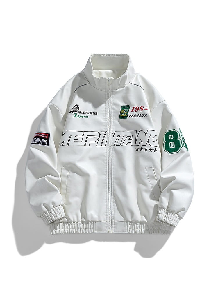 White racing pu leather bomber jacket in Korean style featuring green and black graphics with meritang lettering across the chest and a number 8 patch on the sleeve.