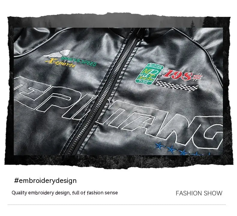 Black leather racing pu leather bomber jacket korean style with bold white embroidered lettering and green and red racing-themed patches featuring checkered flag details on the back side.