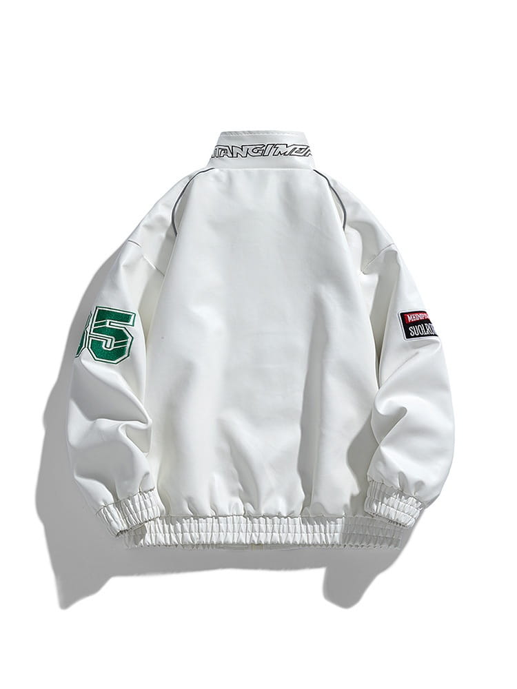 White pu leather racing bomber jacket in Korean style featuring green and black graphic patches on the sleeves.