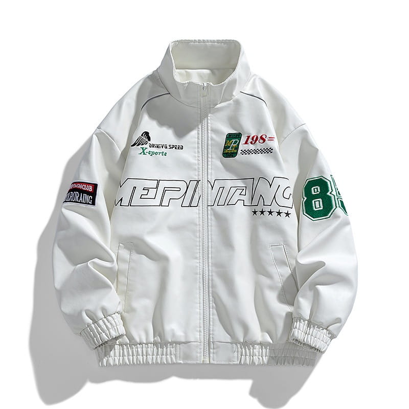 White zip-up racing pu leather bomber jacket Korean style with green and black graphic patches lettering and number 8 on the sleeves.