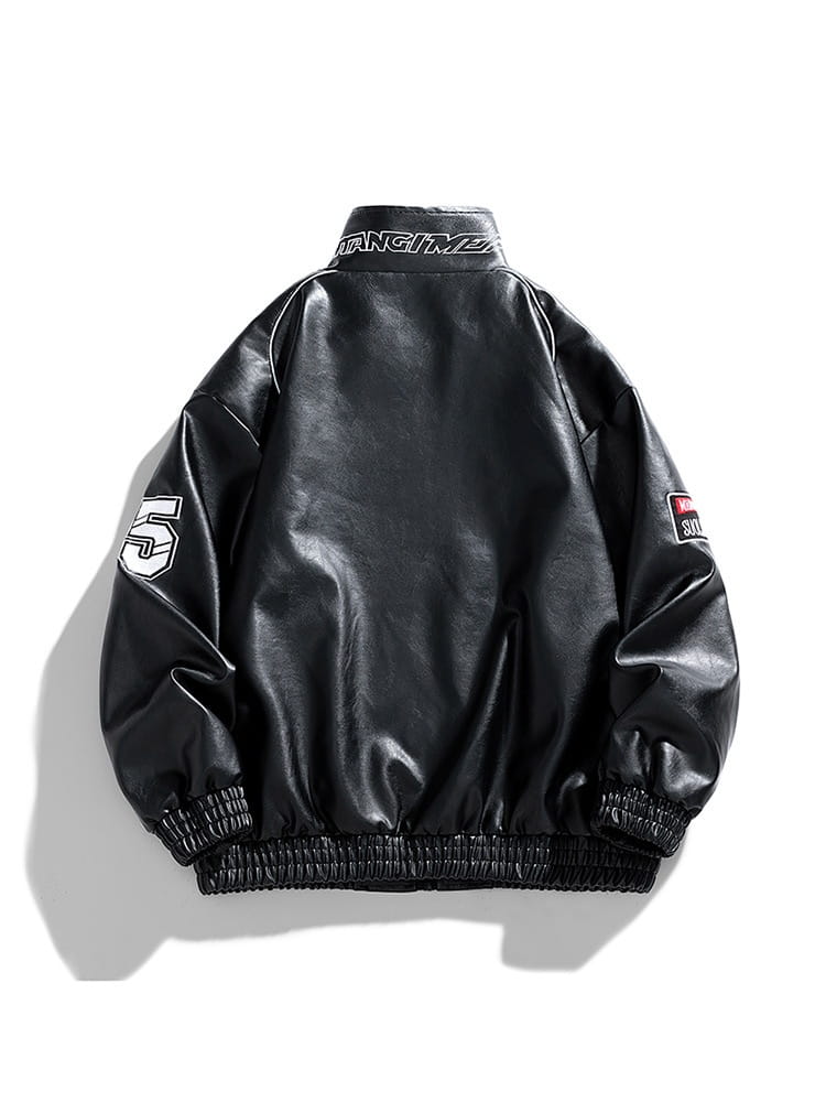 Black faux leather racing pu leather bomber jacket in Korean style with white embroidered logo on collar and sleeve patches.