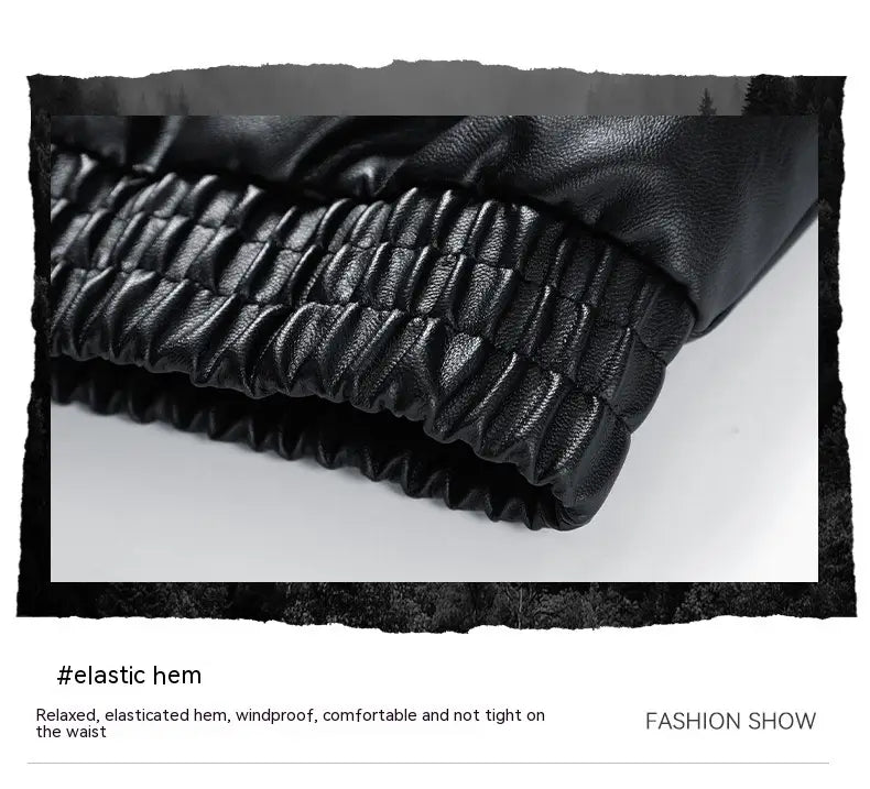 black faux leather pants with a relaxed fit and elasticated hem paired with a racing pu leather bomber jacket in korean style.