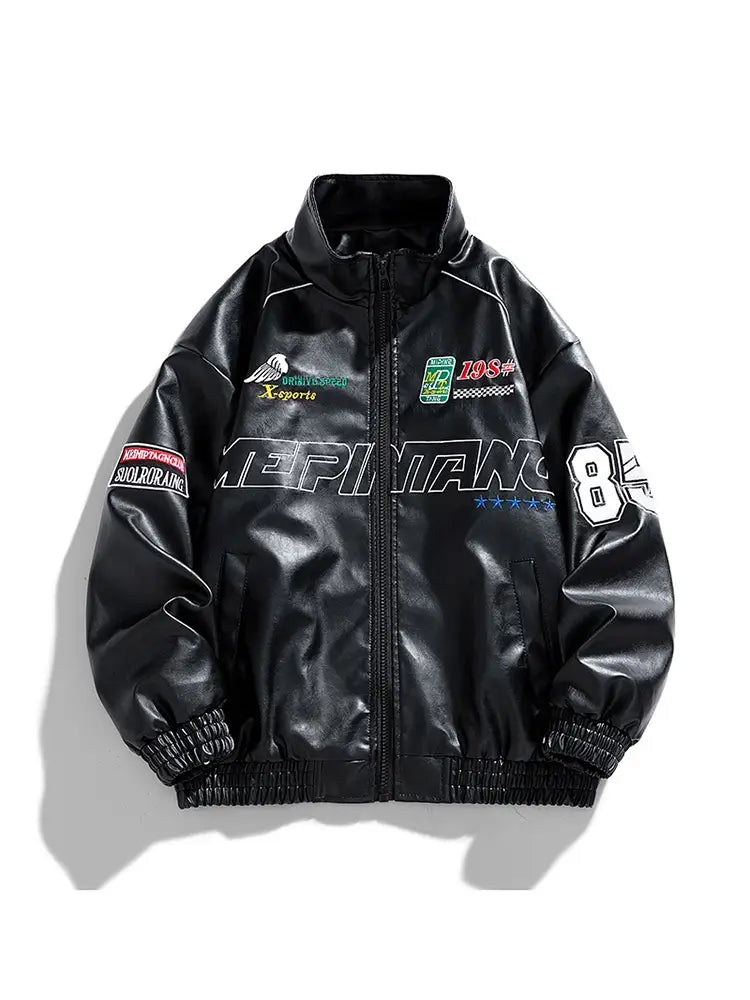 Black faux leather bomber jacket with racing-themed graphics and patches in Korean style shown from the back side.