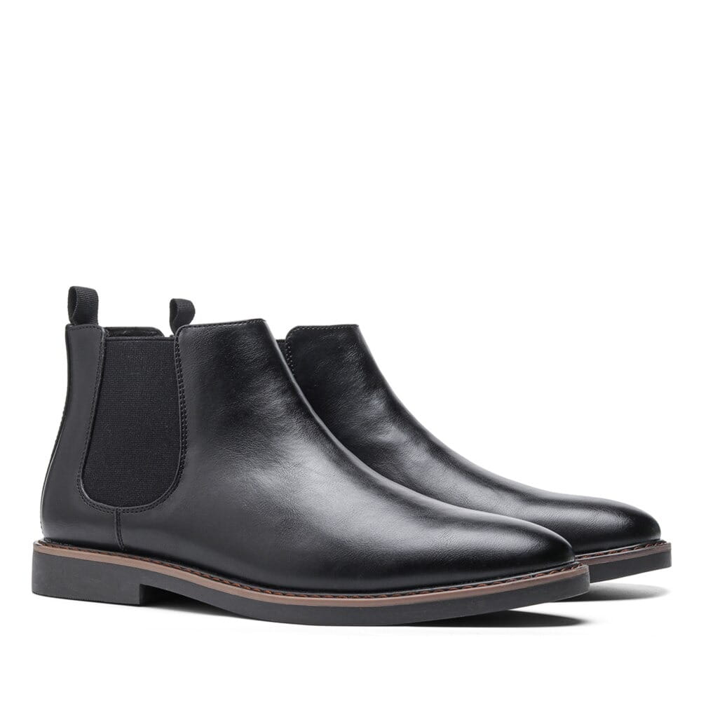 Herren schwarze wasserdichte Leder-Chelsea-Boots mit elastischen Seitenpaneelen und kontrastierender brauner Ziernaht sowie Sohle