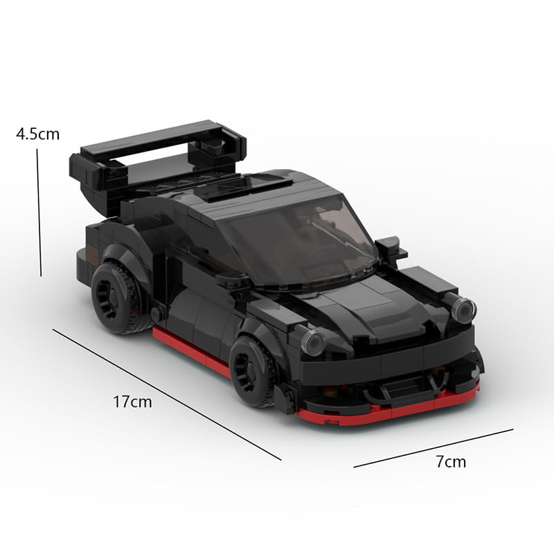 Modèle de voiture de sport Porsche 911 Rwb en LEGO Technic noir et rouge, présenté depuis l’arrière, avec un aileron arrière proéminent.