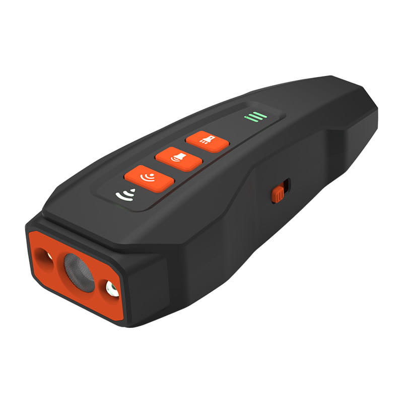 Black and orange ultrasonic dog barking deterrent laser trainer handheld device with textured grip and four illuminated audio control buttons.