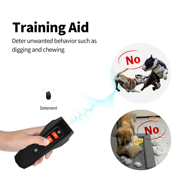 Black handheld ultrasonic dog barking deterrent laser trainer with orange buttons and wireless symbol.