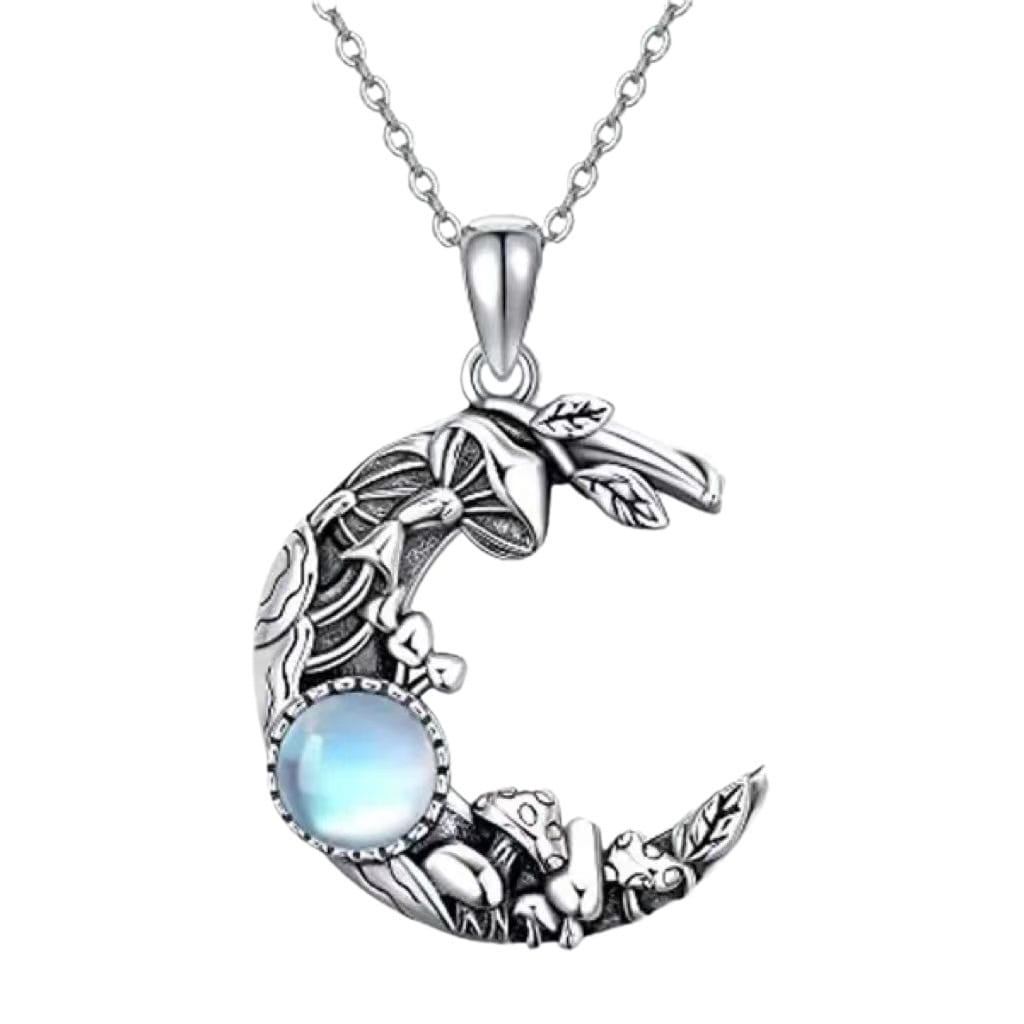 Bohemian silver mushroom and moonstone crescent necklace with intricate leaf designs and a central blue moonstone pendant.