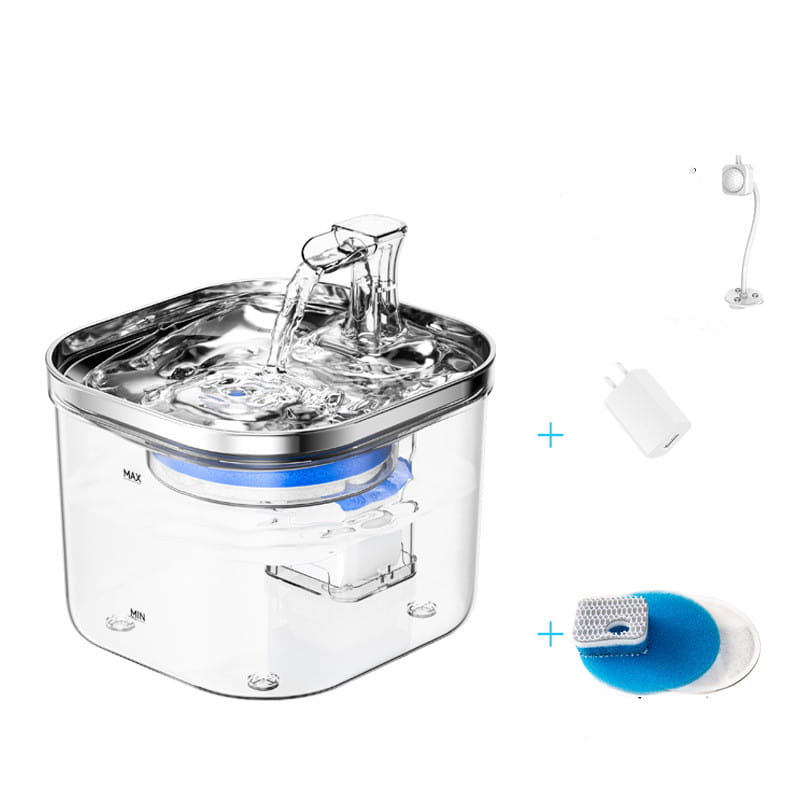 Fuente de agua para gatos de acero inoxidable con plástico transparente y dispensador de mascotas automático, con un surtidor de acero inoxidable y componentes de filtro azules.