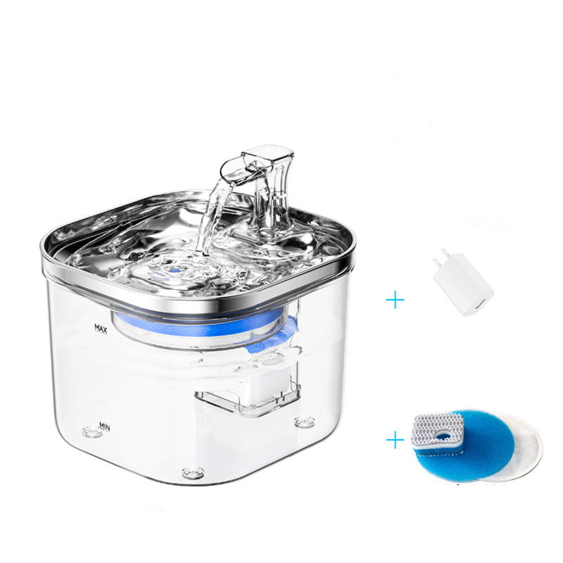 Fuente de agua para gatos automática con dispensador de mascotas de acero inoxidable, con plástico transparente, surtidor de acero inoxidable y componentes de filtro azules.