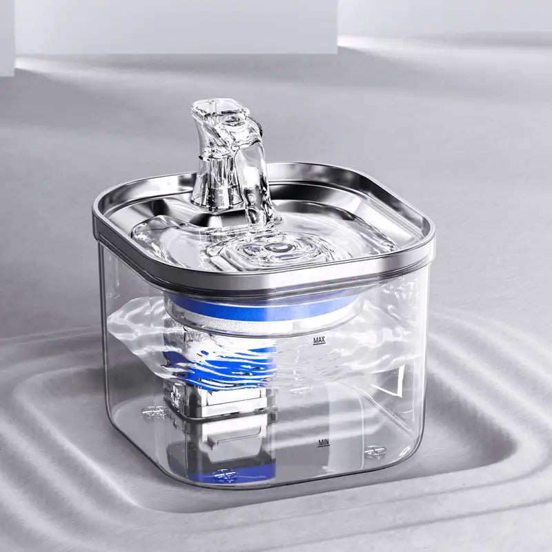 Fuente de agua para gatos de acero inoxidable con plástico transparente, con componentes internos de filtración azul, dispensador automático de agua para mascotas.