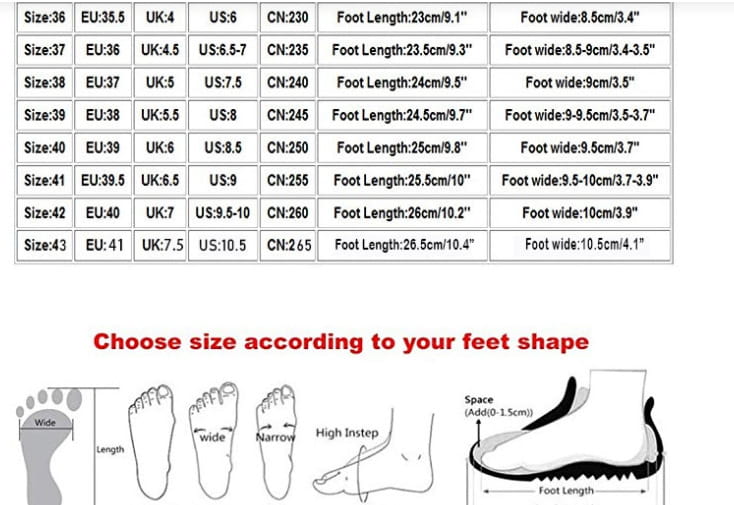Tableau des tailles pour des baskets plateforme en mesh pour femmes à fermeture velcro, indiquant les mesures de la longueur et de la largeur du pied dans diverses unités internationales.
