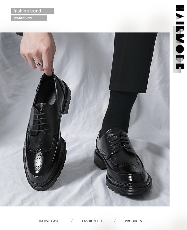 Men’s british style brown leather brogue oxford shoes with glossy finish and chunky black rubber soles.