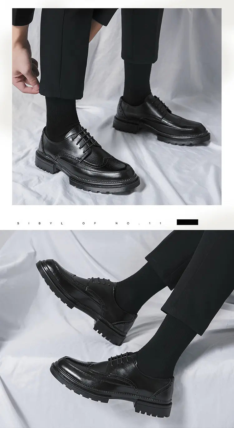 Men’s british style brown leather brogue oxford shoes with glossy finish and chunky black rubber soles.