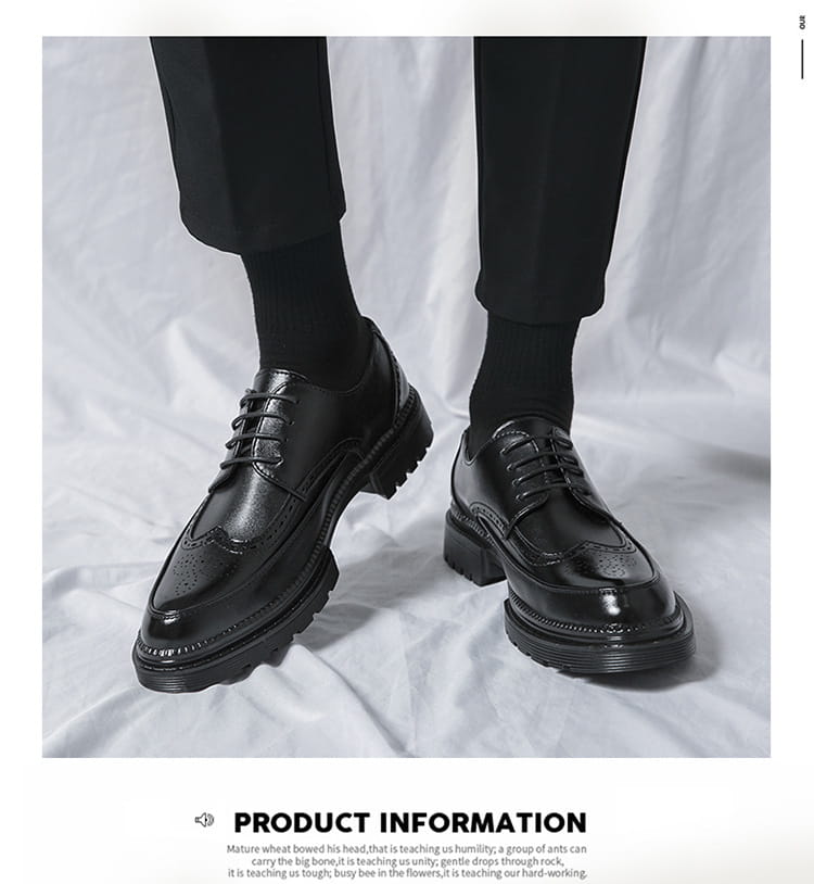 Men’s british style brown leather brogue oxford shoes with glossy finish and chunky black rubber soles.