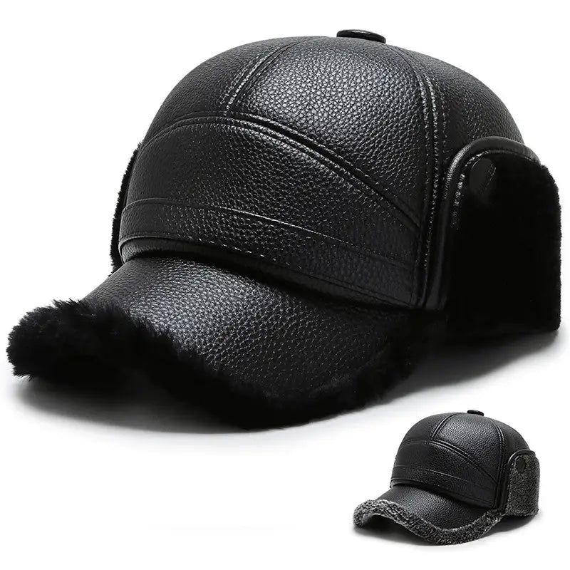 Men leather winter baseball cap in black with plush fur trim on the brim and ear flaps for cold weather use.