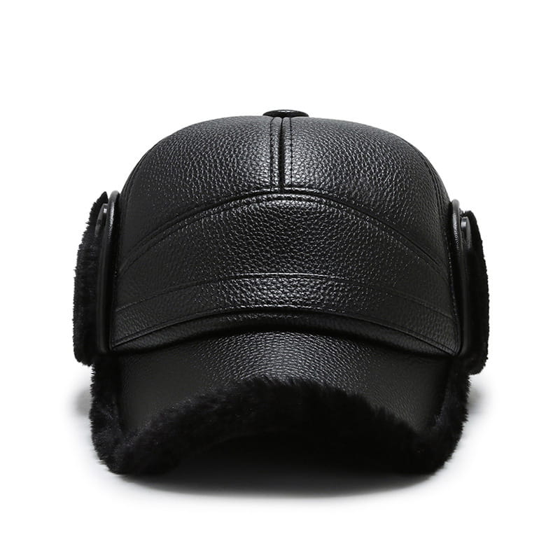 black leather winter baseball cap for men with plush fur trim and ear flaps