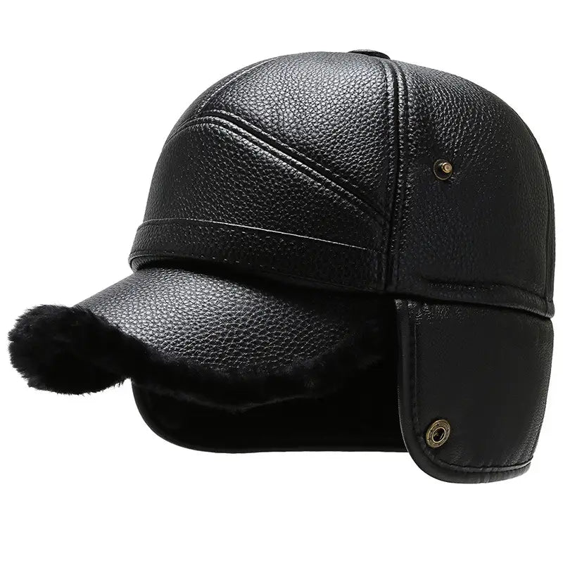 Men leather winter baseball cap with ear flaps in black featuring a textured leather surface and plush fur lining on the brim and ear flaps.