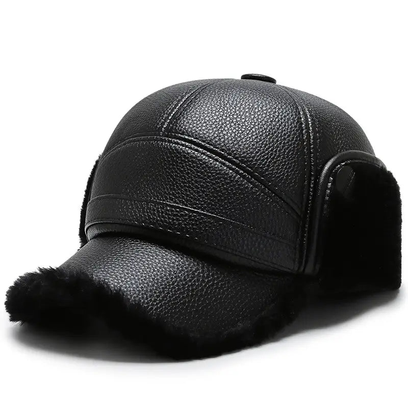 Men leather winter baseball cap in black with plush fur trim on the brim and ear flaps for cold weather use.