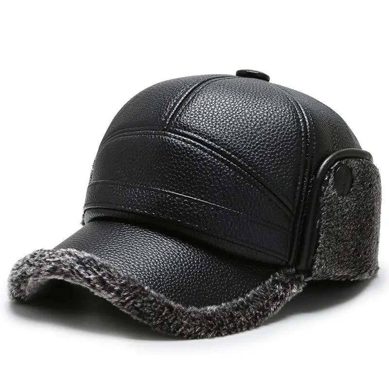 Men leather winter baseball cap in black with a textured surface and gray fuzzy ear flaps.