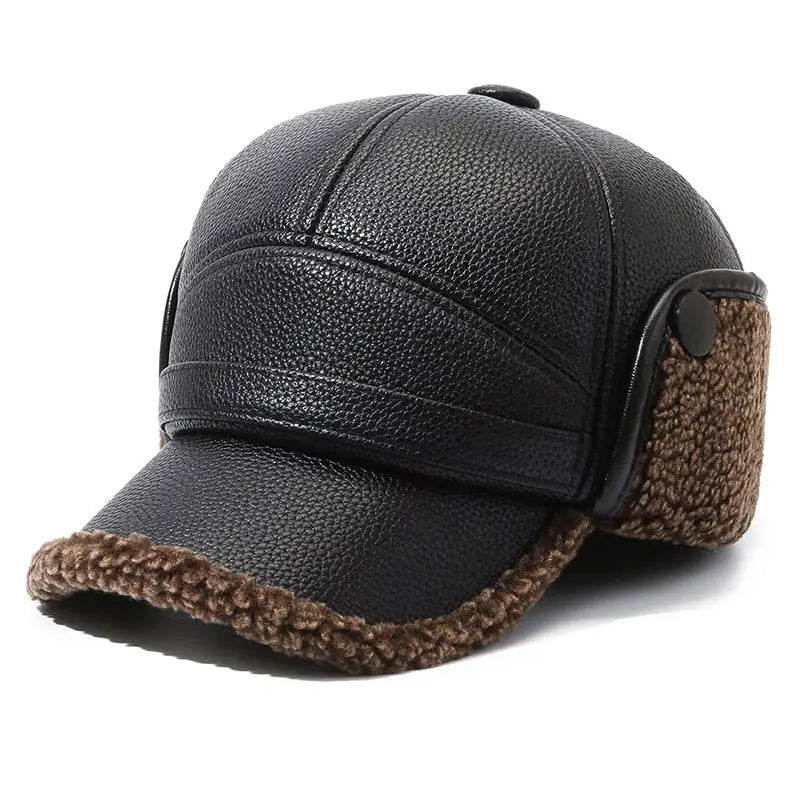 Men leather winter baseball cap in black with brown fleece lining and ear flaps designed for cold weather.