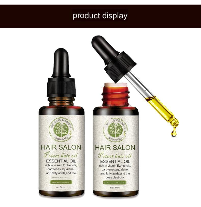 Dos botellas de vidrio ámbar con aceite esencial para el cuidado del cabello, salón protector, 30 ml, con tapones cuentagotas negros y etiquetas que detallan los ingredientes del aceite esencial para proteger el cabello.