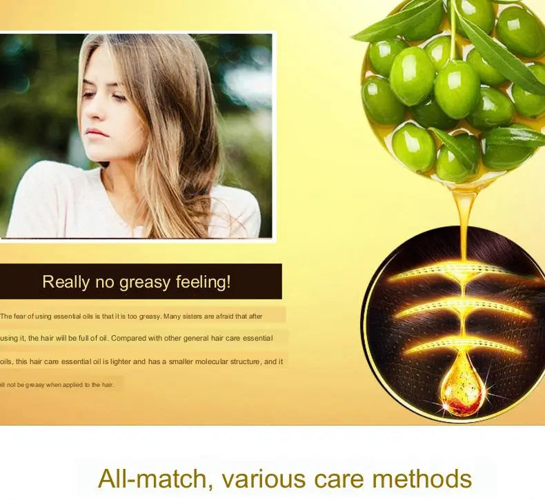Gota de aceite de oliva dorado cayendo sobre mechones oscuros, mostrando el aceite esencial para el cuidado del cabello, salón protector, 30 ml, para nutrir y proteger el cabello.
