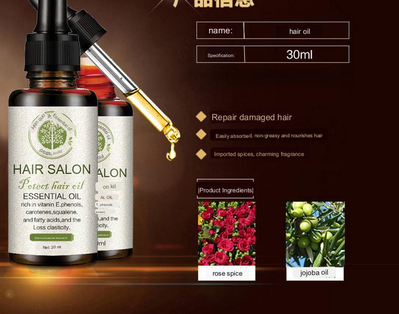 Botella de vidrio ámbar oscuro con aceite esencial para el cuidado del cabello, salón protector, con tapón cuentagotas negro y etiqueta blanca con logotipo de árbol verde, que contiene 30 ml.