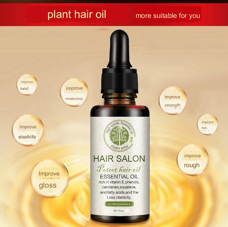 Una botella de vidrio oscura elegante con tapón cuentagotas negro y etiqueta plateada con el nombre de la marca Hair salon, que incluye Hair Care Essential Oil Salon Protect 30 ml.
