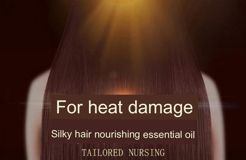 Cabello castaño oscuro sedoso con un brillo brillante iluminado por una luz cálida, mostrando los efectos del aceite esencial para el cuidado del cabello, salón protector, 30 ml
