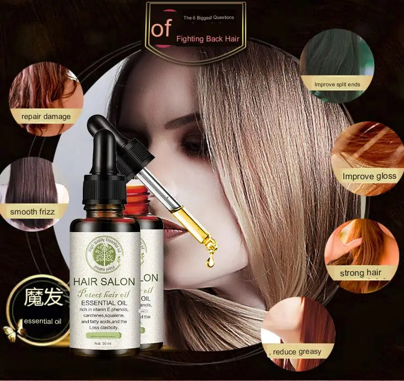 Botella de vidrio oscura con tapón cuentagotas negro y pipeta plateada etiquetada con hair salon perfect hair oil, aceite esencial, con un diseño de hoja verde para el aceite esencial para el cuidado del cabello, salón protector, 30 ml.