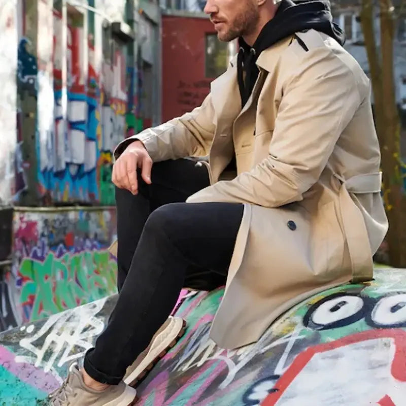 Beige men hooded trench coat with black inner lining and classic button closure featuring a slim double breasted design.