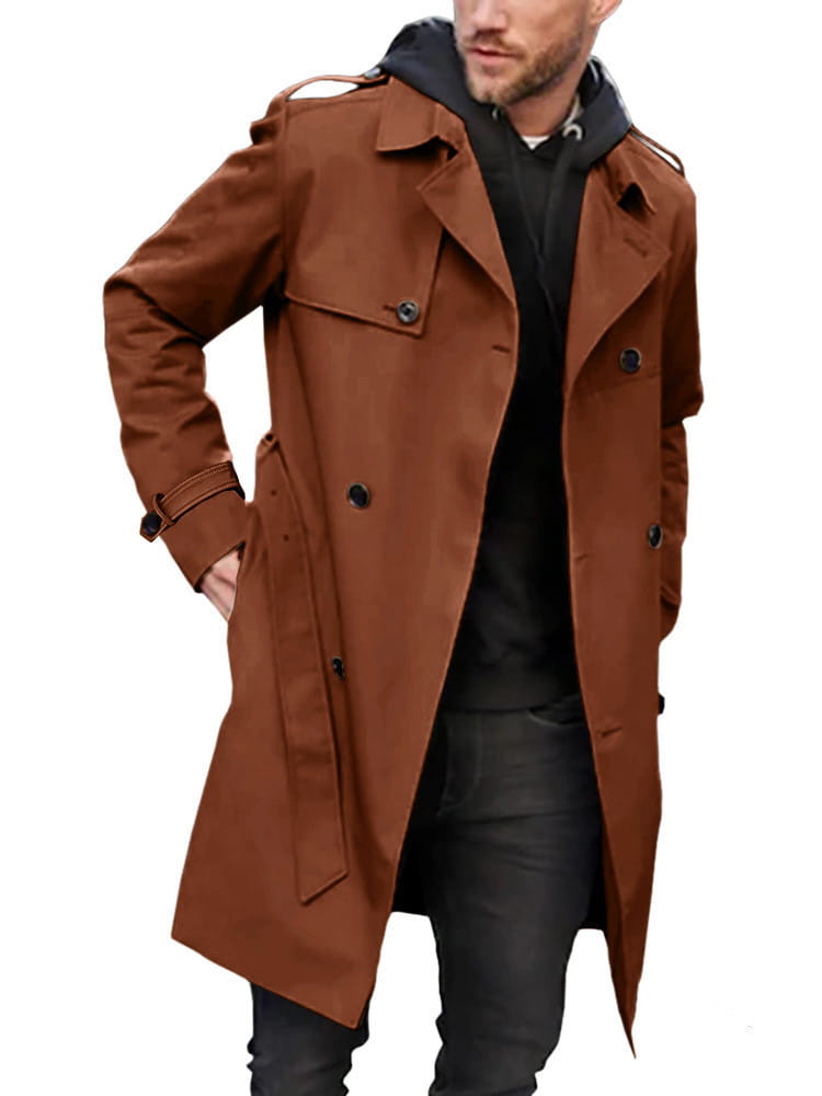 Men hooded trench coat slim double breasted jacket in brown with black buttons and a hooded inner lining.