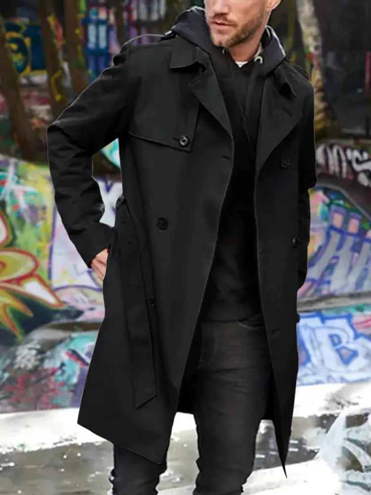 men hooded trench coat slim double breasted jacket in black featuring a hood and flap pockets made from durable fabric