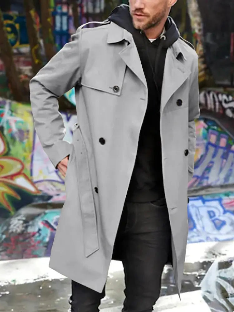 gray trench coat with black buttons and a hood shown from the back in a men hooded trench coat slim double breasted jacket design