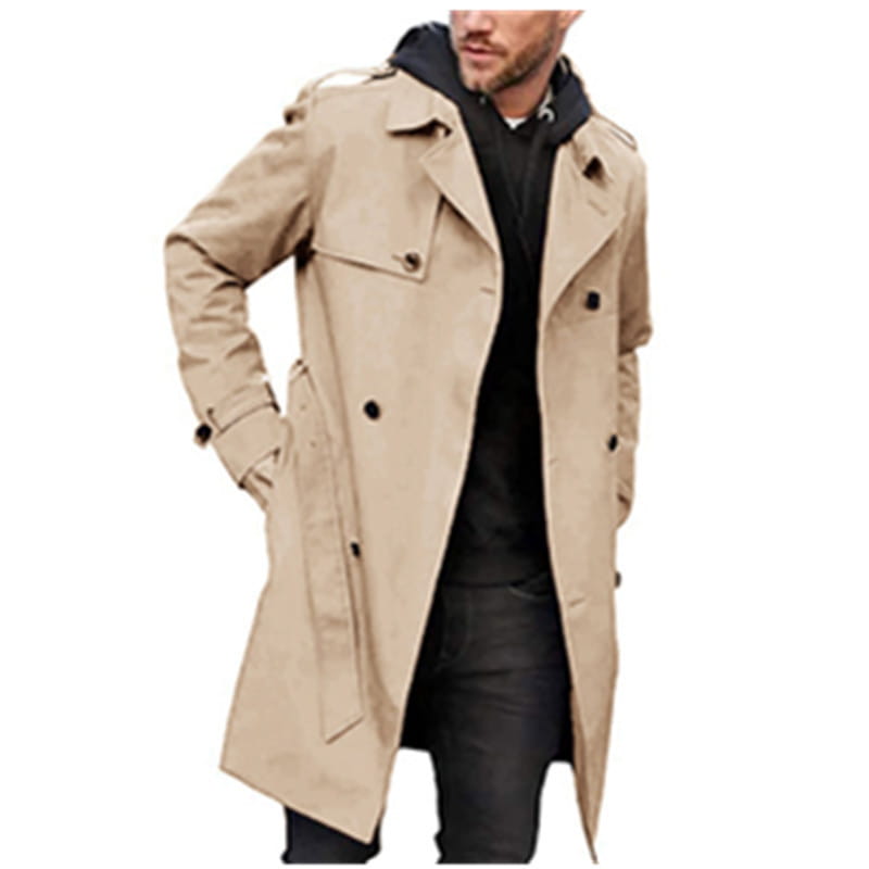 beige men hooded trench coat slim double breasted jacket with black buttons and hooded inner lining displayed from the front.