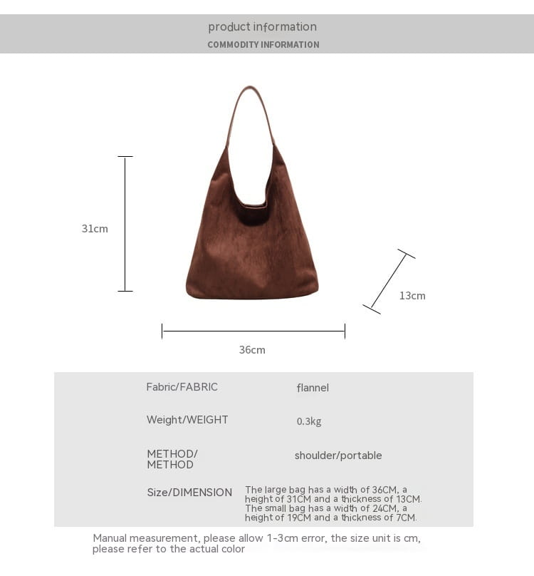 Brown flannel suede shoulder bag with large capacity and a single top handle designed as a slouchy tote bag.