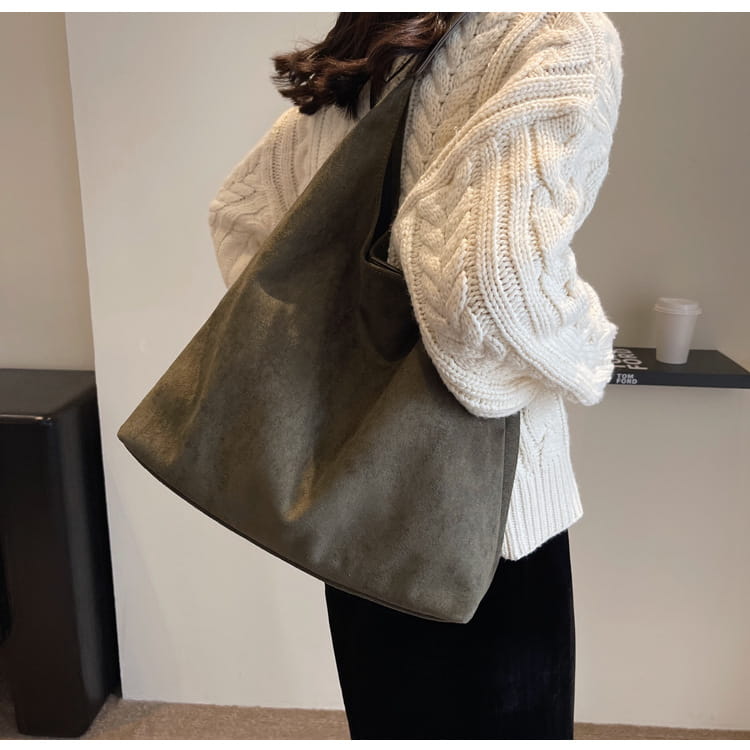 Olive green suede shoulder tote bag with large capacity and simple minimalist design.