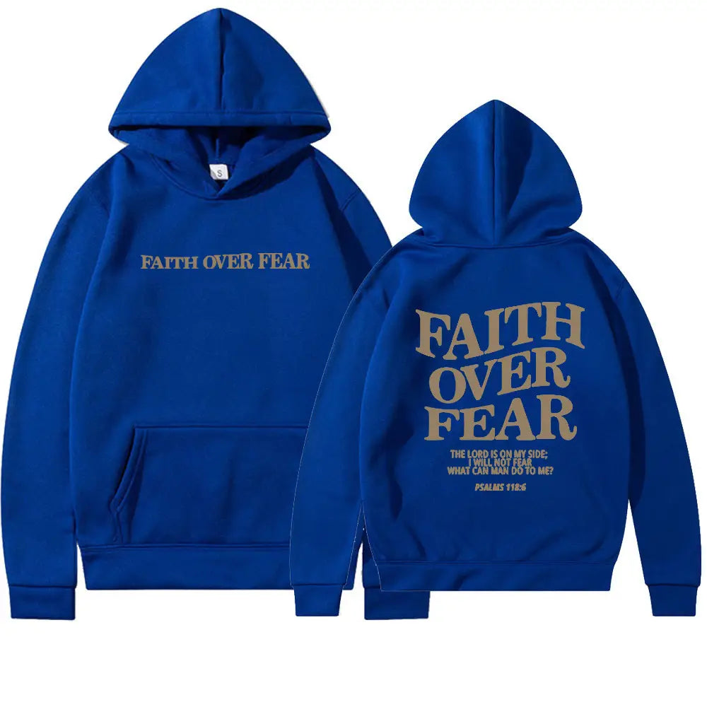 royal blue christian aesthetic hoodie with faith over fear printed in gold foil on the front and back featuring a kangaroo pocket and hood suitable for casual wear.