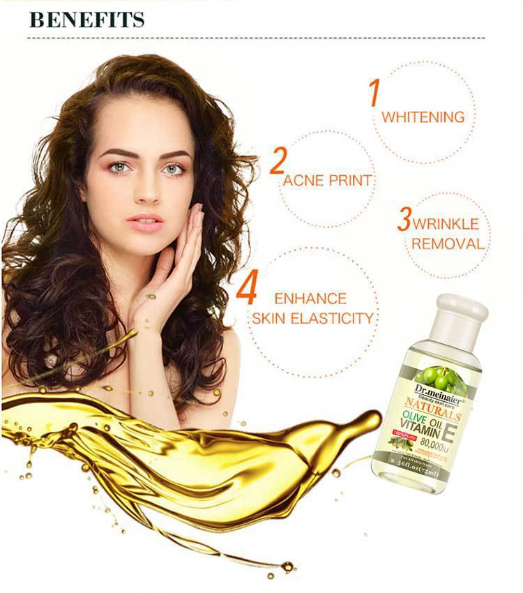 Eine klare Glasflasche mit weißem Verschluss, beschriftet mit Dr.-Vitamin-E-Syntheseöl für Gesicht, Körper und Haare, 75 ml.