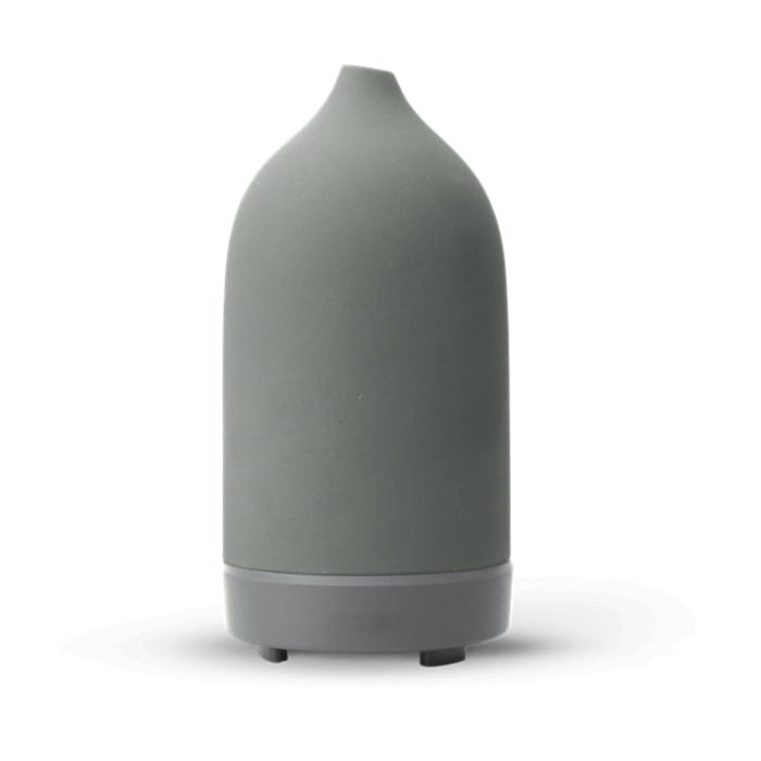 A sleek matte gray ceramic ultrasonic aroma diffuser and humidifier with a rounded bottle-like shape and slightly wider base.