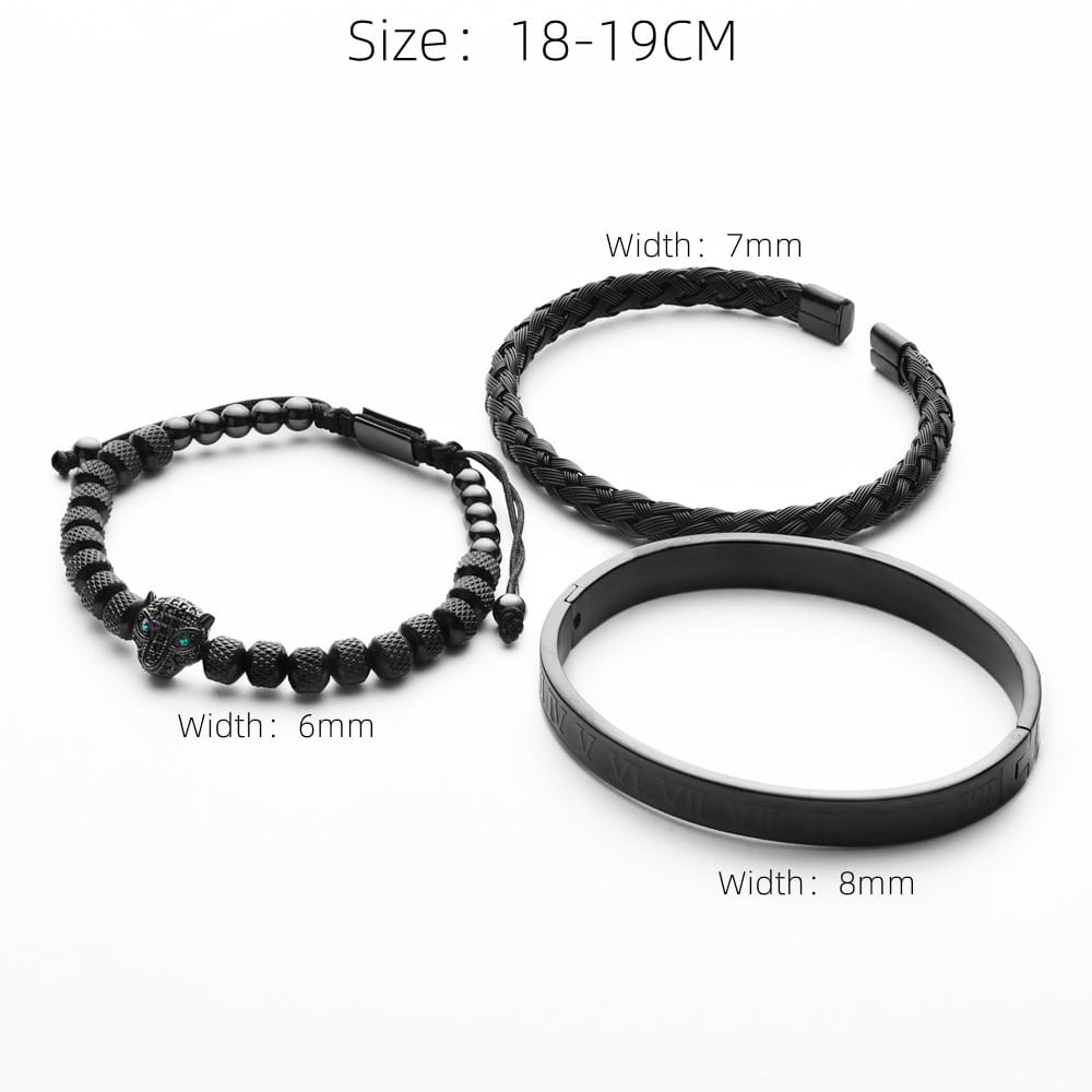 Set of three black stainless steel Roman numeral leopard head braided leather bracelets featuring textured beads and a sleek solid band.