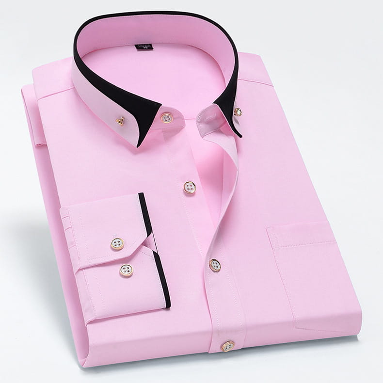 Herren Stretch-Anzughemd mit Kontrastkragen in Rosa, mit schwarzem Kontrastkragen und Manschetten sowie goldfarbenen Knöpfen.