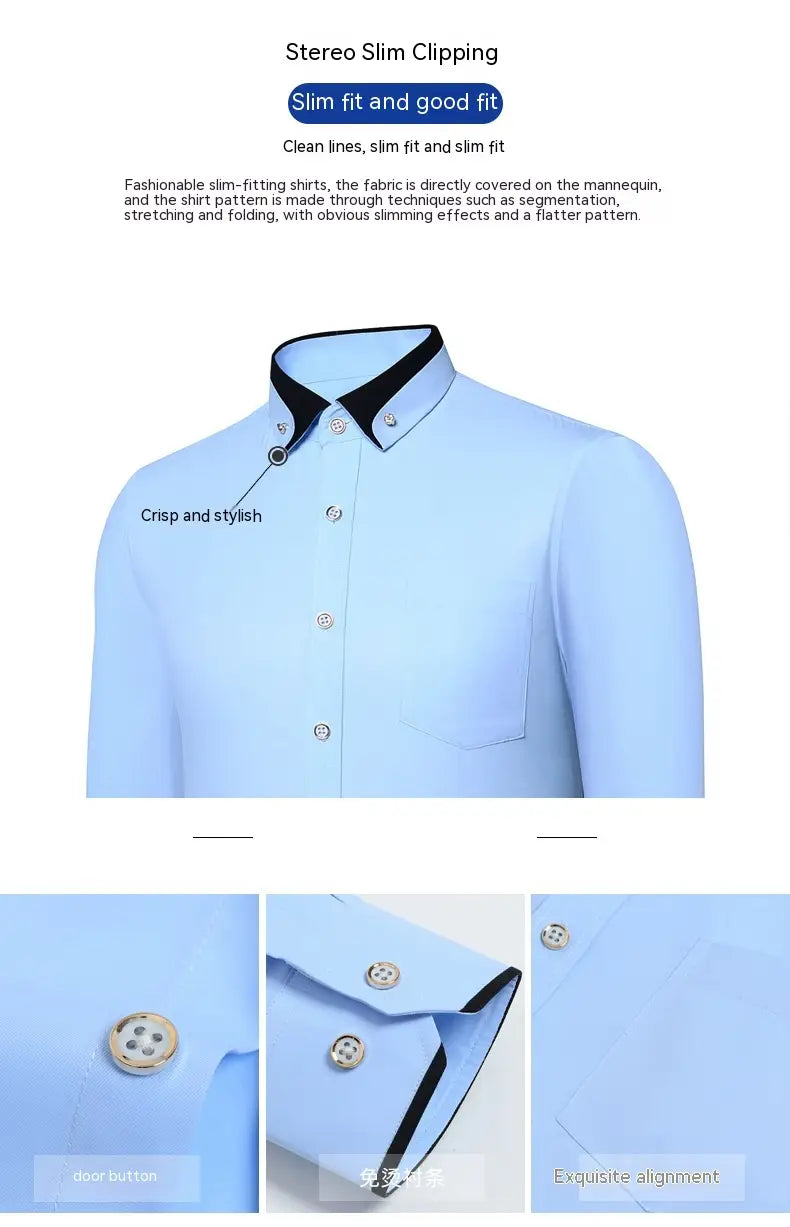 Herren Stretch-Anzughemd mit Kontrastkragen in Hellblau mit Slim-Fit-Passform; schwarzer Kontrastkragen und Manschetten sowie silberfarbenen Knöpfen.