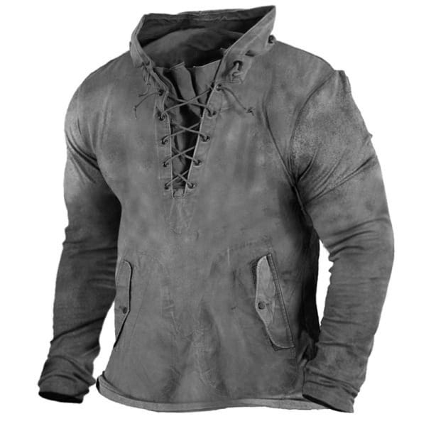 Men lace up hooded casual pullover in dark gray distressed leather with lace-up front and two side pockets.