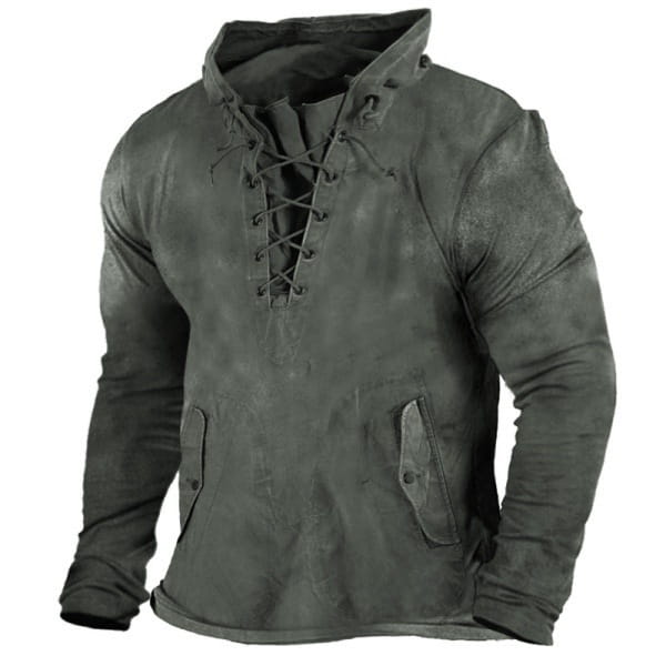 Men lace up hooded casual pullover in dark gray suede with lace-up front and two side pockets.