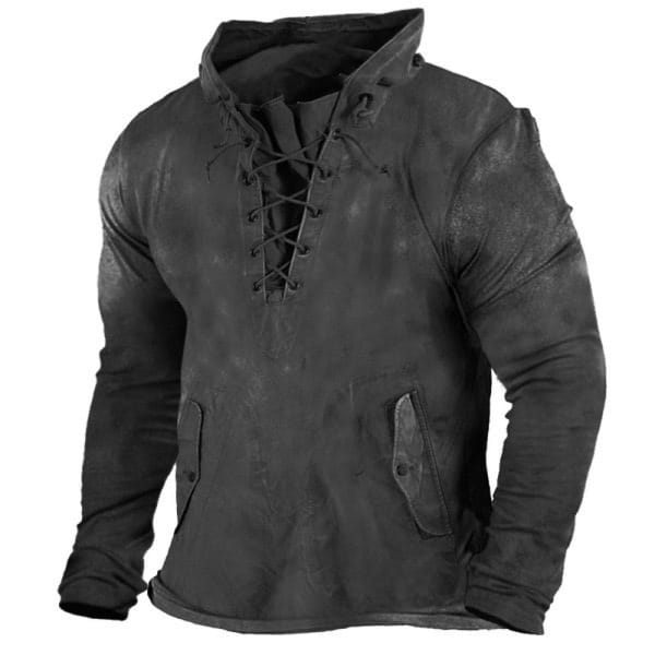 Black distressed leather men lace up hooded casual pullover with front lace-up detail and flap pockets.