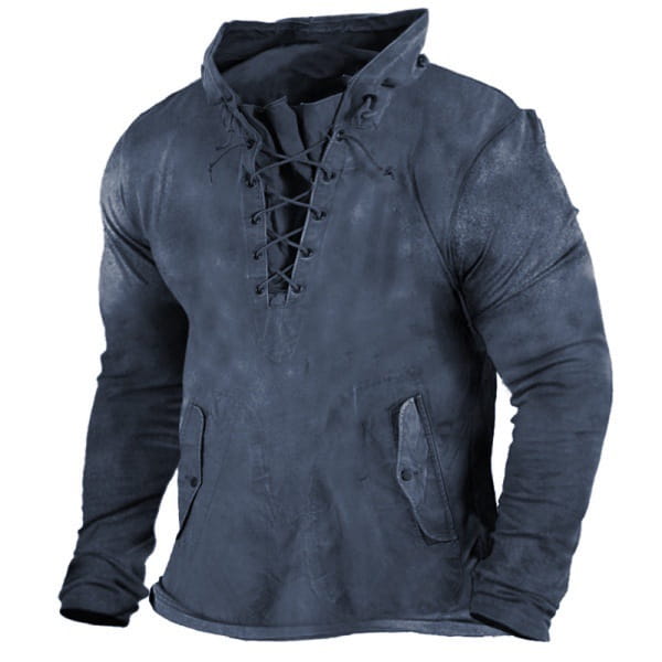 Dark gray textured long-sleeved men lace up hooded casual pullover with front lace-up detail and two side pockets.