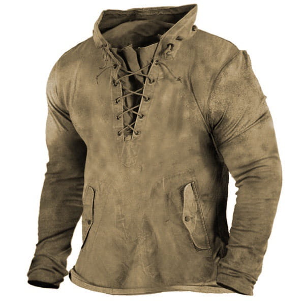 A distressed olive green men lace up hooded casual pullover sweatshirt with a lace-up front and two side pockets.