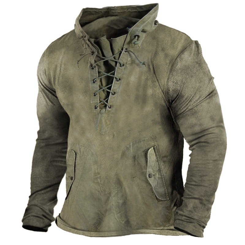 olive green distressed faux leather men lace up hooded casual pullover with lace-up front and flap pockets for everyday wear